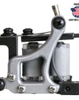 Lucky Supply iron frame coil tattoo liner machine with aluminum side plate, 1-1/4 inch pure iron coils, pure silver contact screw, and hinged tube vise.