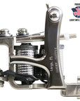 Jonesy-style one-off coil liner tattoo machine by Lucky Supply displayed with Proudly Made in USA Lucky MFG Largo, FL graphic.