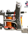 Jonesy-style one-off coil liner tattoo machine by Lucky Supply displayed with Proudly Made in USA Lucky MFG Largo, FL graphic.