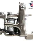 Jonesy-style one-off coil liner tattoo machine by Lucky Supply displayed with Proudly Made in USA Lucky MFG Largo, FL graphic.