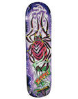 Skateboard deck with a colorful spider design on a purple background