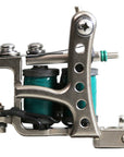 Jonesy-style Electric Green one-off coil liner tattoo machine handmade by Lucky Supply featuring drilled lightweight frame construction and electric green coil wraps.