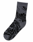 A single crew sock with a dark gray and black abstract wave-like pattern, shown against a plain white background.