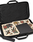 Open Artist Bag Portfolio Case with Tattoo Flash and Notebook.