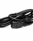 A coiled black power cord with a three-prong IEC plug and a standard wall plug, photographed on a clean white background.