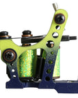 Waters shader coil tattoo machine with lime green and deep blue frame, frame-side view