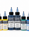 Waverly 12-bottle tattoo ink sample collection with 1 oz colors and 2 oz blacks