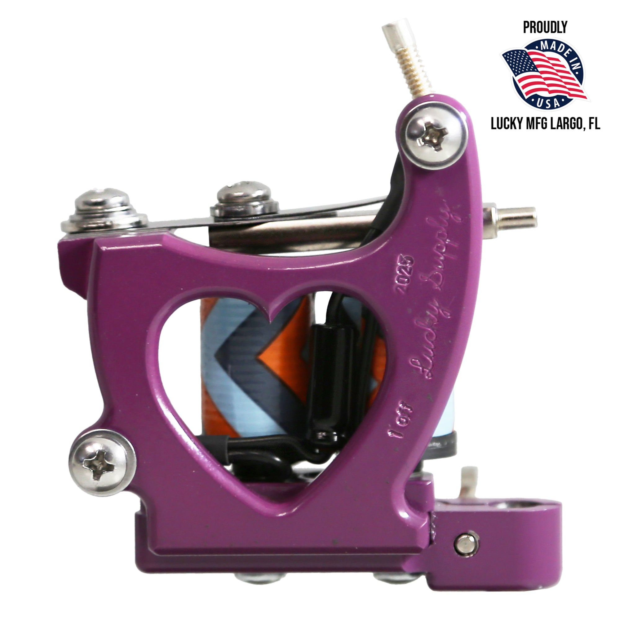 Purple heart tattoo machine with visible branding on a white background
