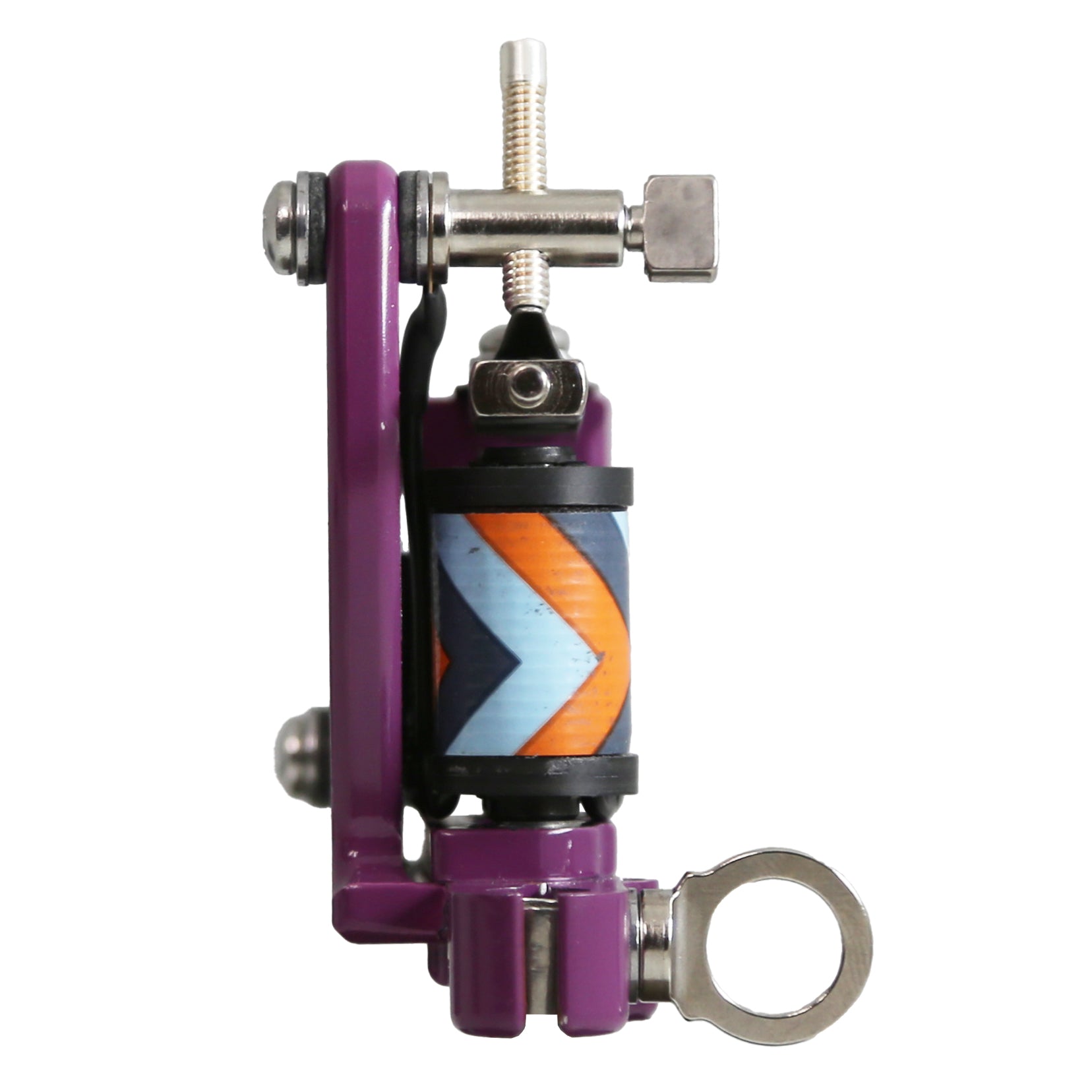 Purple and silver mechanical component with a colorful cylindrical section on a white background