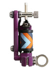 Purple and silver mechanical component with a colorful cylindrical section on a white background