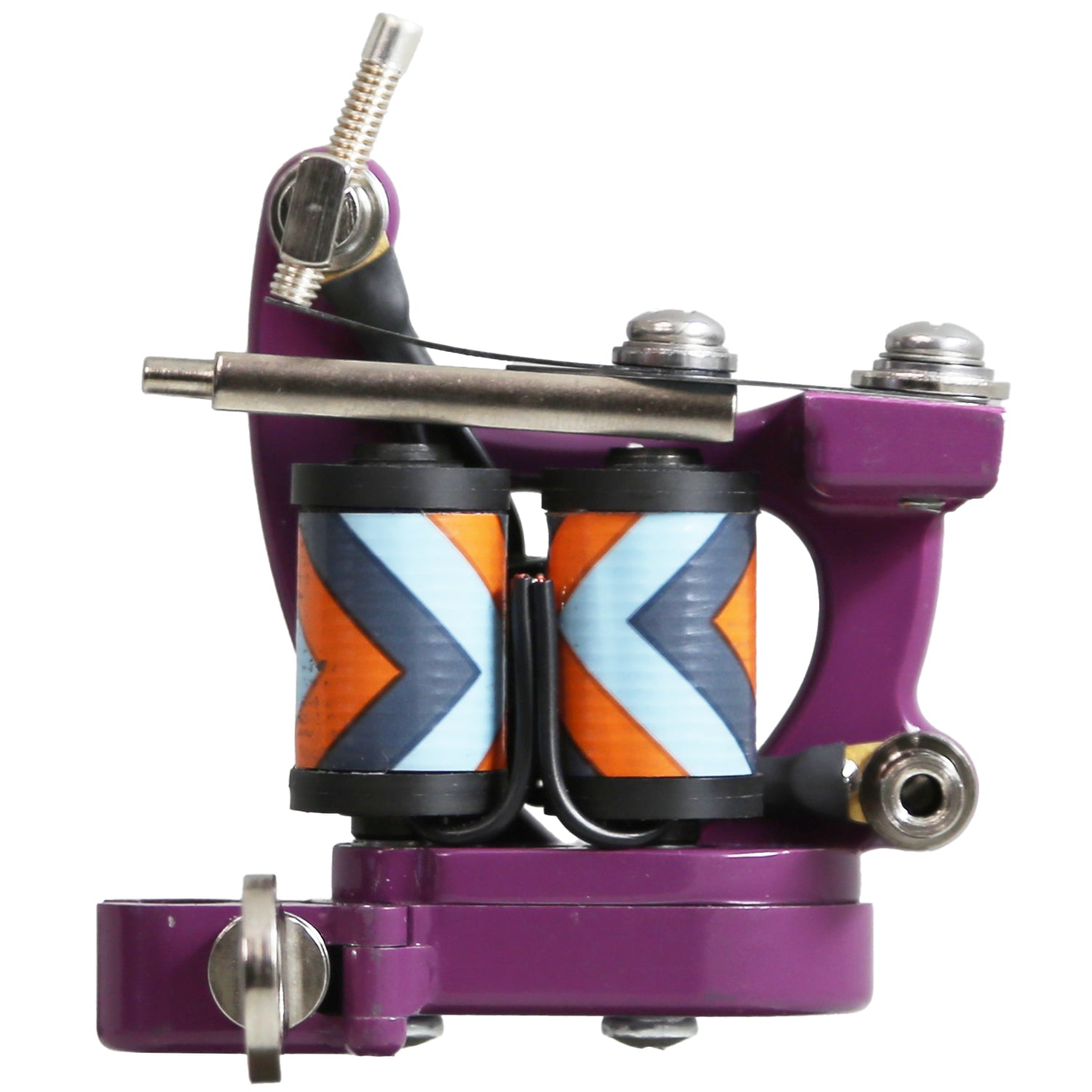 Purple heart tattoo machine with colorful coil wraps on a white background