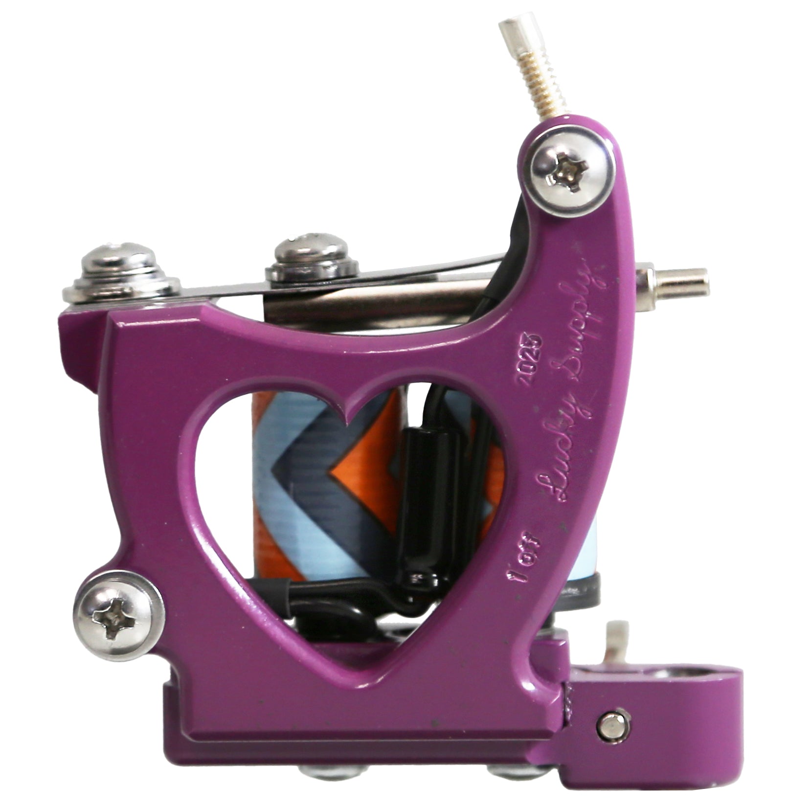 Purple heart tattoo machine with visible branding on a white background