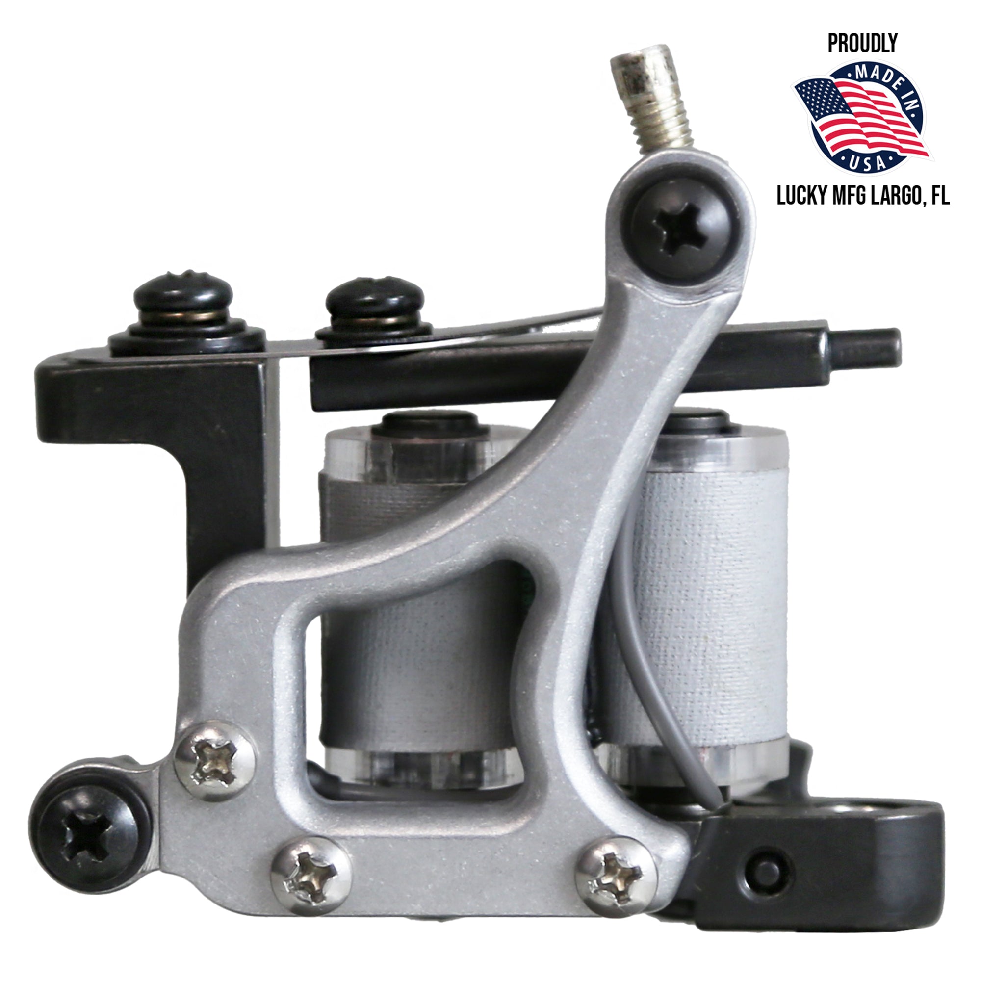 Lucky Supply iron frame coil tattoo liner machine with aluminum side plate, 1-1/4 inch pure iron coils, pure silver contact screw, and hinged tube vise.