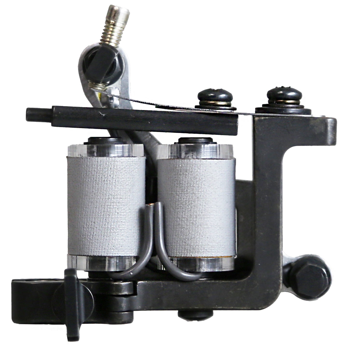 Lucky Supply iron frame coil tattoo liner machine with aluminum side plate, 1-1/4 inch pure iron coils, pure silver contact screw, and hinged tube vise.