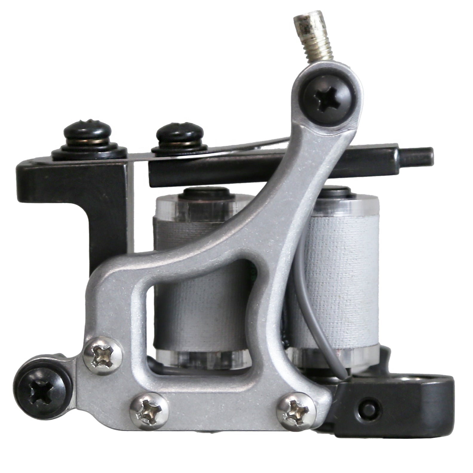 Lucky Supply iron frame coil tattoo liner machine with aluminum side plate, 1-1/4 inch pure iron coils, pure silver contact screw, and hinged tube vise.