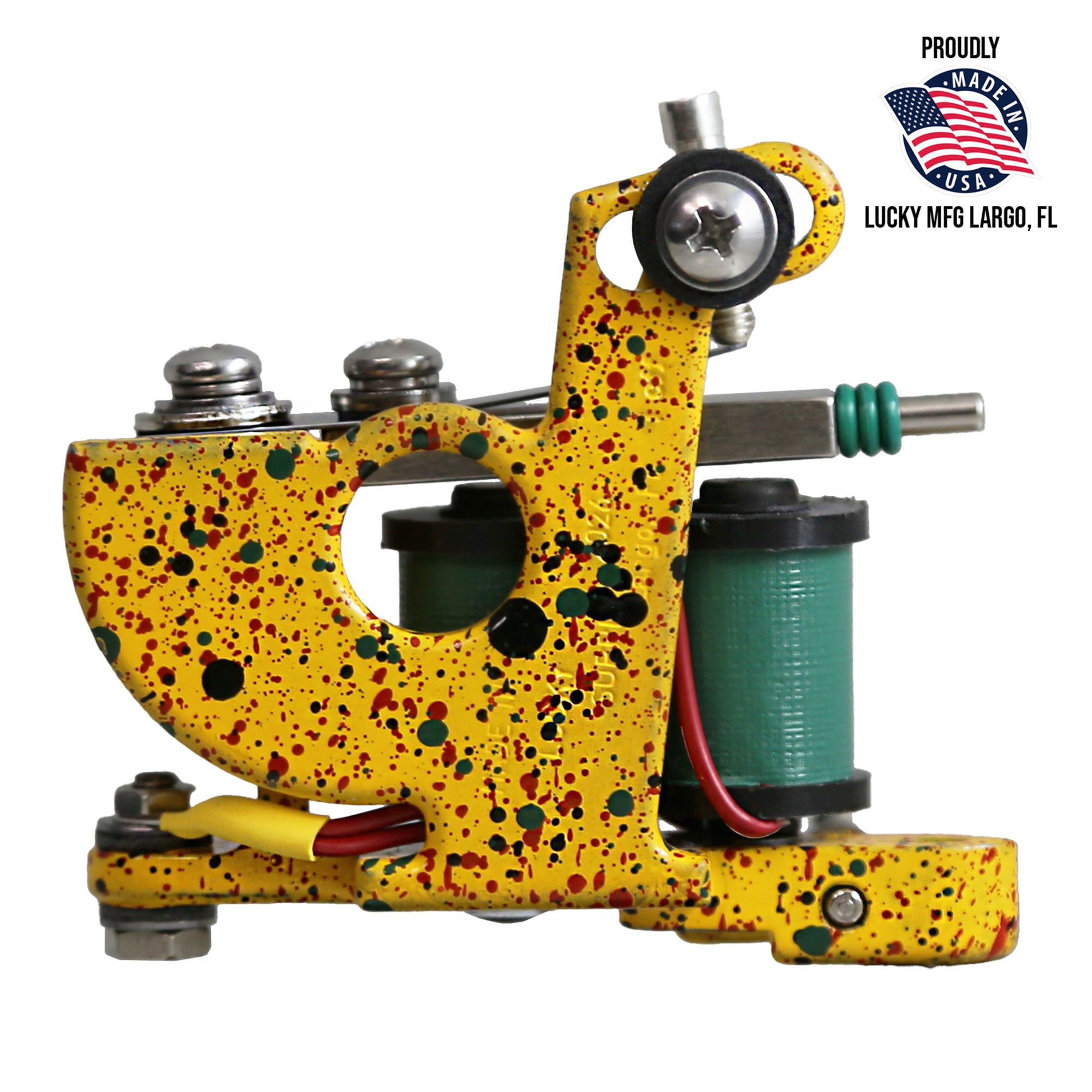 Colorful tattoo machine with speckled yellow design on a white background, featuring Lucky Mfg branding.