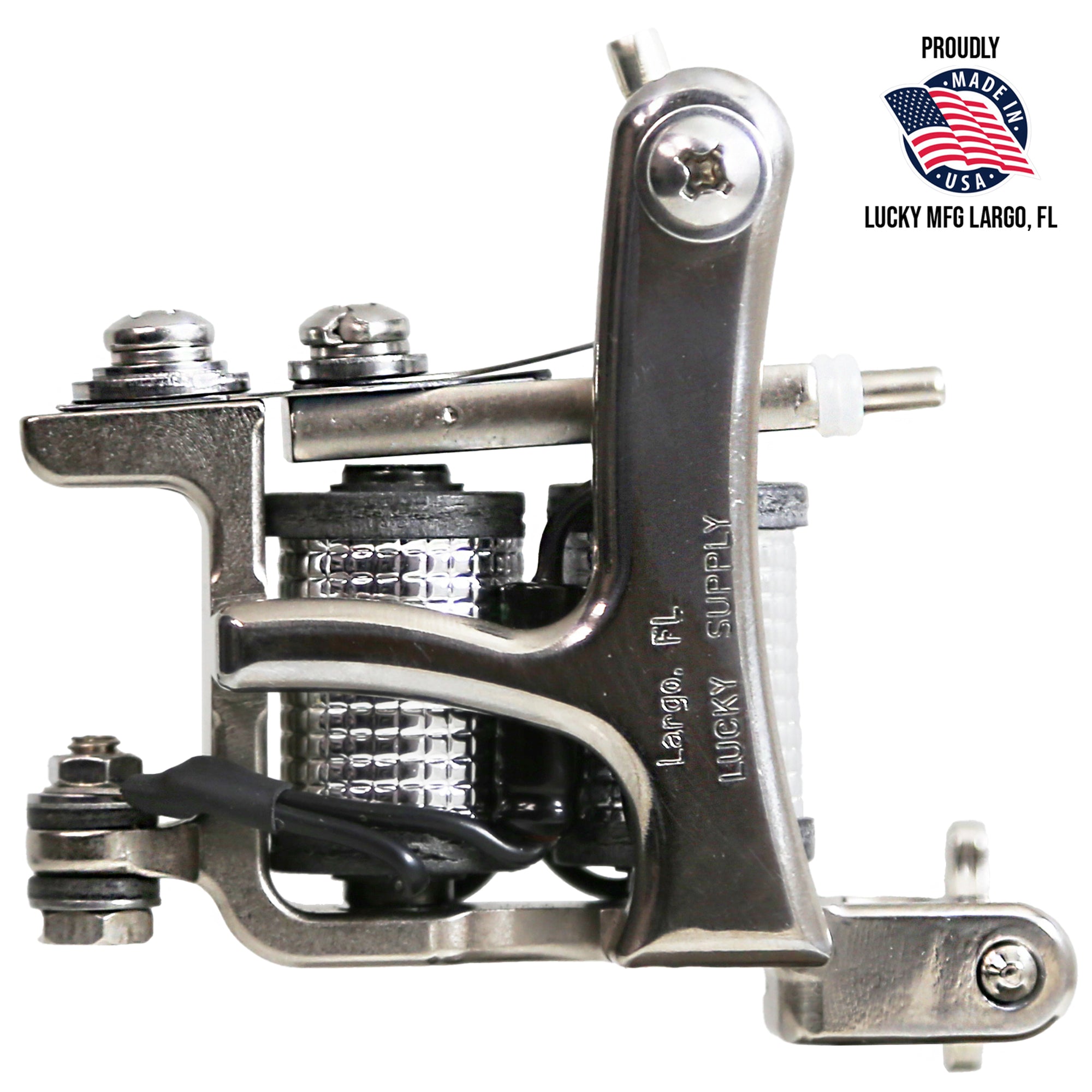 Jonesy-style one-off coil liner tattoo machine by Lucky Supply displayed with Proudly Made in USA Lucky MFG Largo, FL graphic.