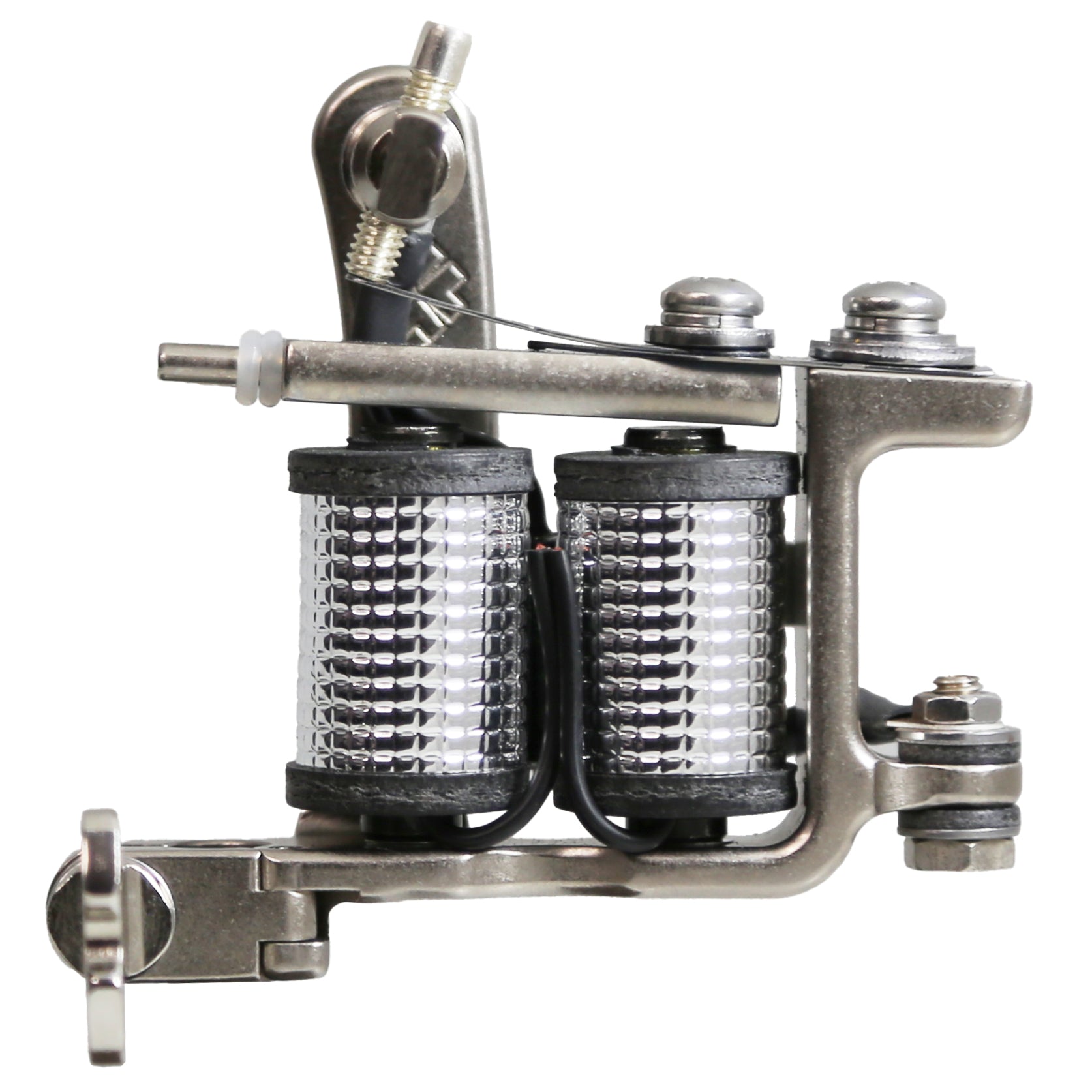 Side profile of a Jonesy-style one-off coil liner tattoo machine by Lucky Supply with reflective chrome-style wrapped coils, hinged tube vice, and compact handmade frame.