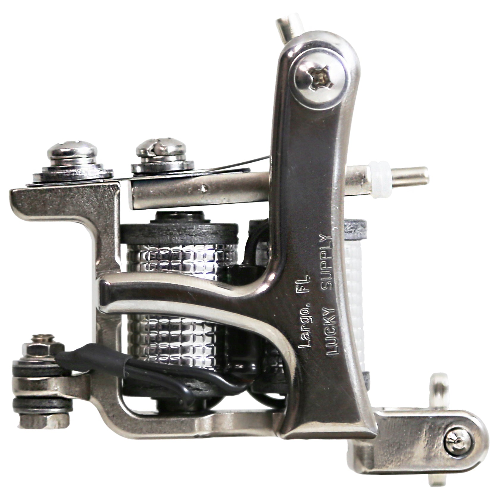 Jonesy-style one-off coil liner tattoo machine handmade by Lucky Supply featuring reflective chrome-style wrapped 1¼” coils, compact silver frame, and tuned liner setup.