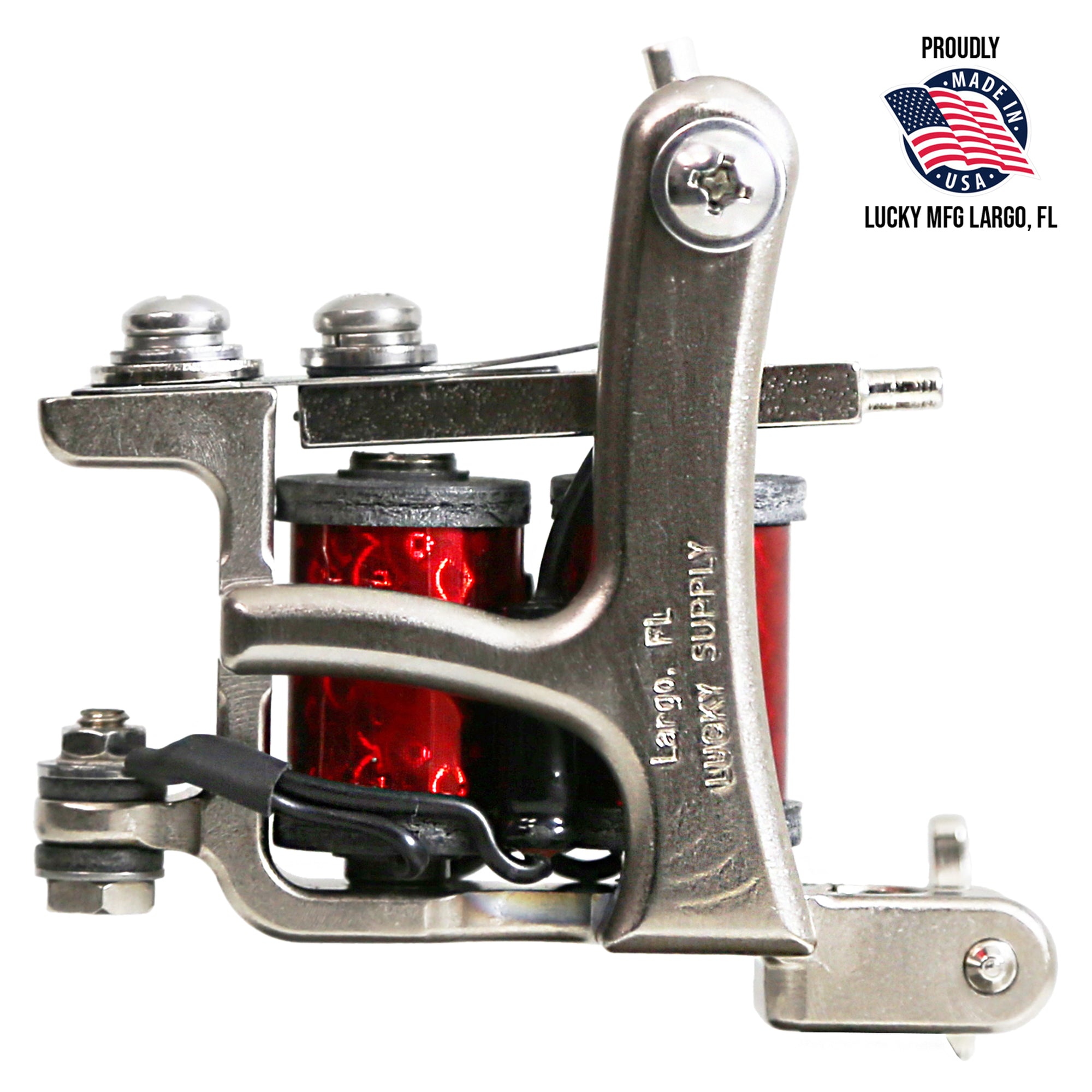 Jonesy-style one-off coil liner tattoo machine by Lucky Supply with deep red wrapped coils displayed beside Proudly Made in USA Lucky MFG Largo, FL graphic.