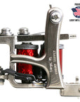 Jonesy-style one-off coil liner tattoo machine by Lucky Supply with deep red wrapped coils displayed beside Proudly Made in USA Lucky MFG Largo, FL graphic.