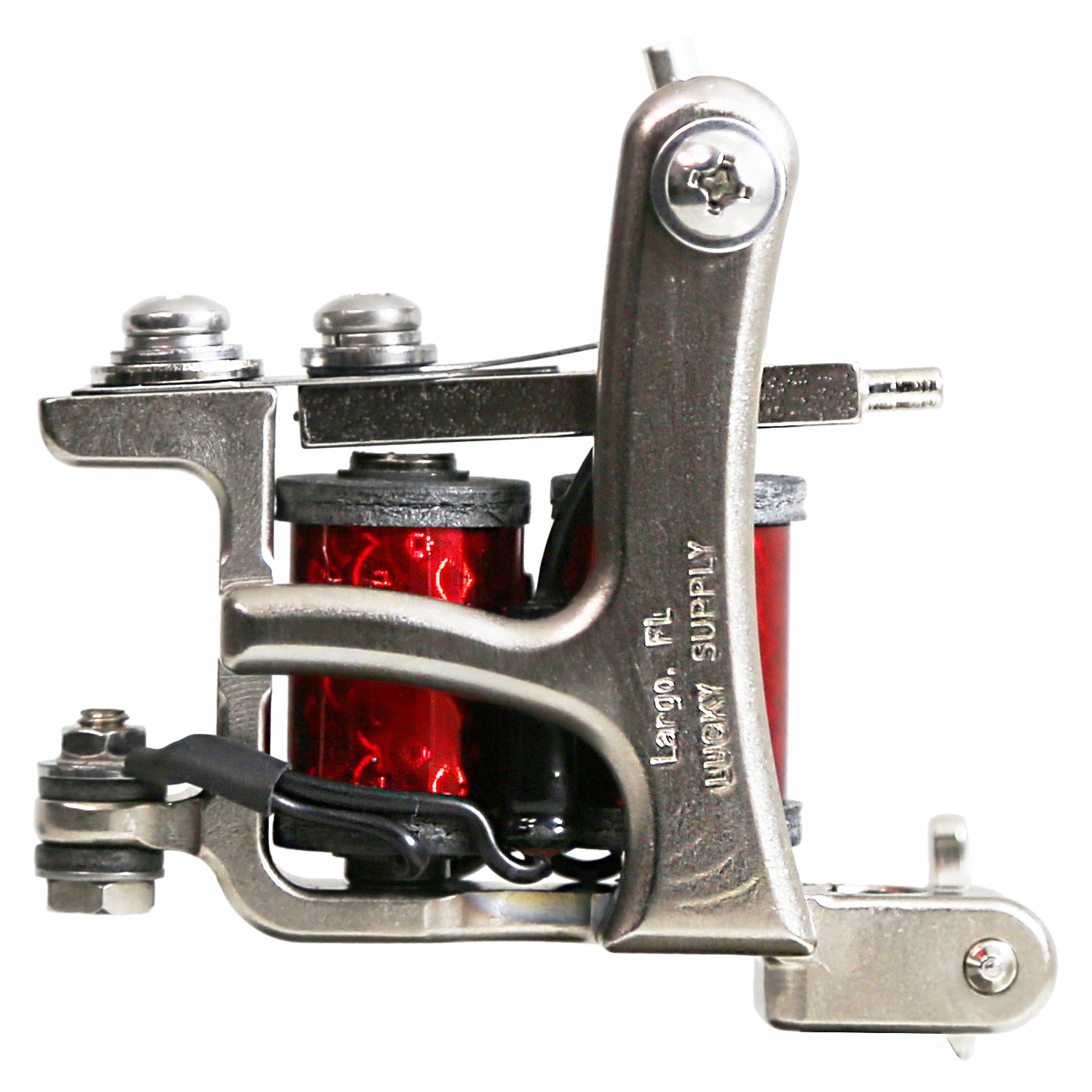 Jonesy-style one-off coil liner tattoo machine handmade by Lucky Supply with deep red wrapped coils, silver frame, and tuned liner setup.