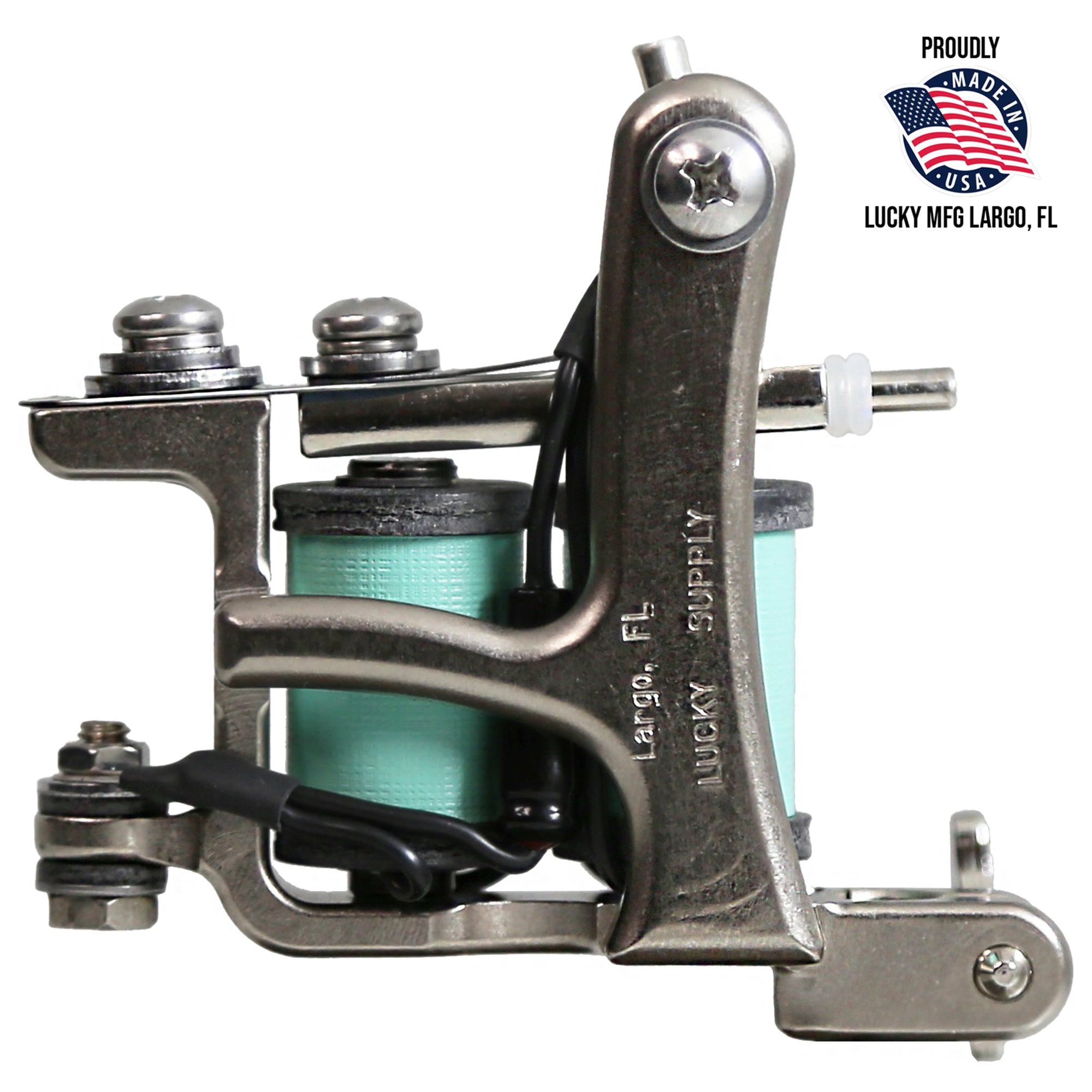 Jonesy-style one-off coil liner tattoo machine by Lucky Supply with mint green wrapped coils displayed beside Proudly Made in USA Lucky MFG Largo, FL graphic.