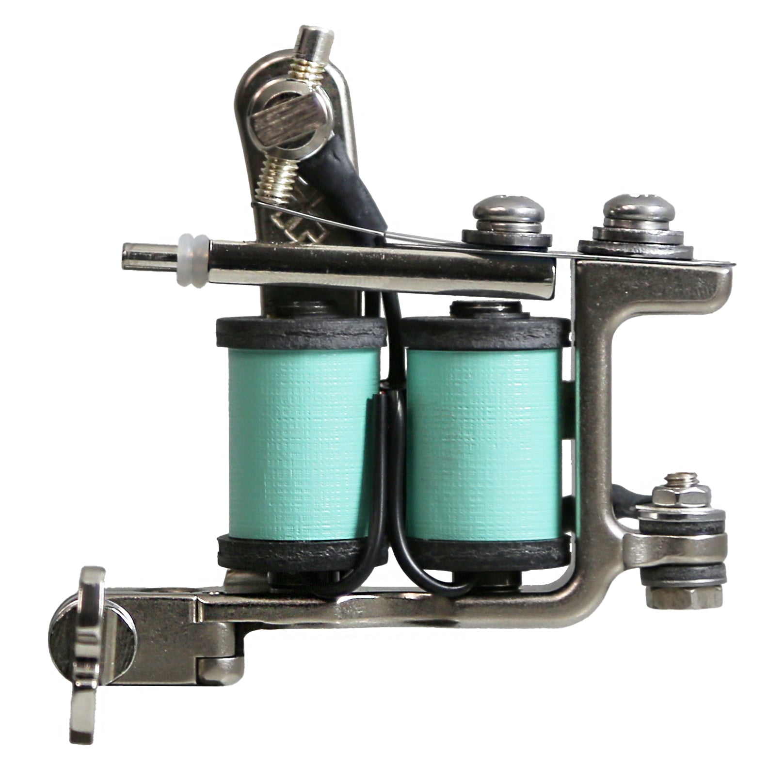 Side profile of a Jonesy-style one-off coil liner tattoo machine featuring mint green custom wrapped coils, black wiring, and compact handmade frame.