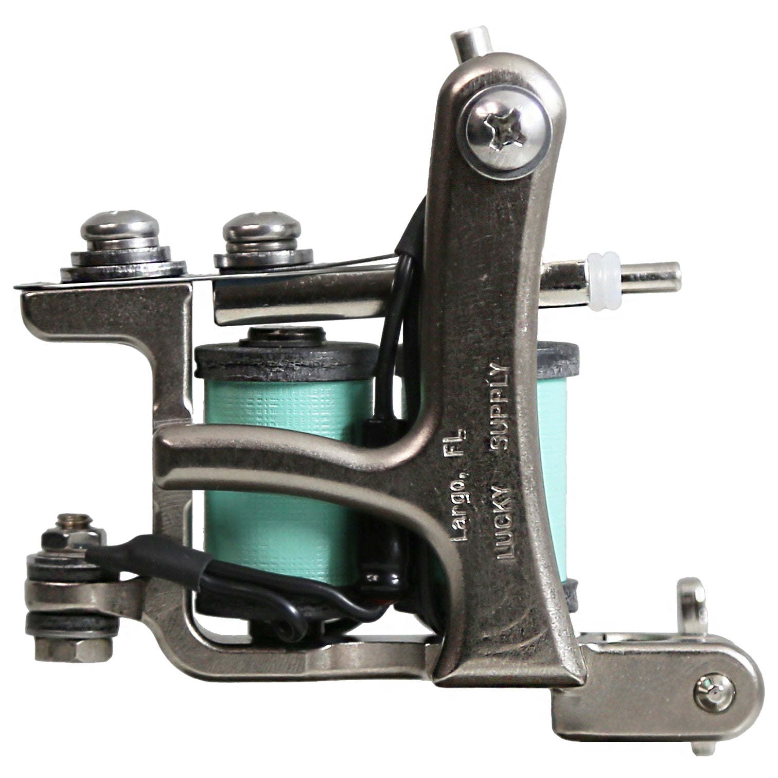 Jonesy-style one-off coil liner tattoo machine handmade by Lucky Supply with mint green wrapped coils, silver frame, and tuned liner setup.