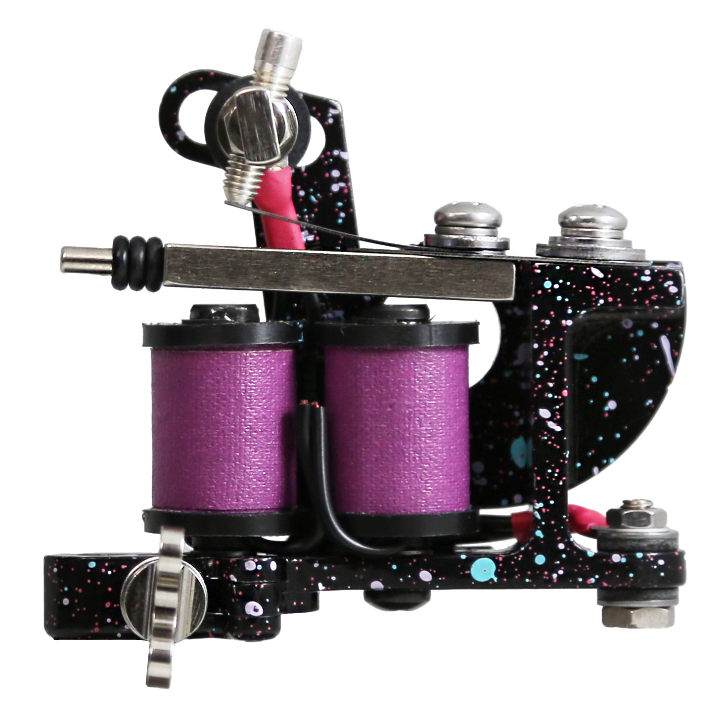 Tattoo machine with purple coils on a white background