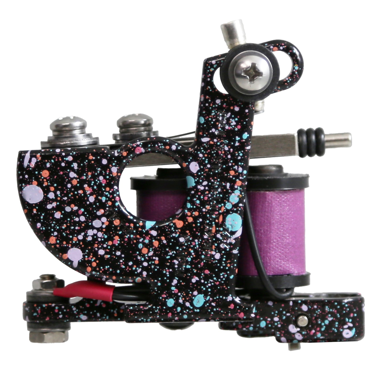 Tattoo machine with colorful speckled design on a white background