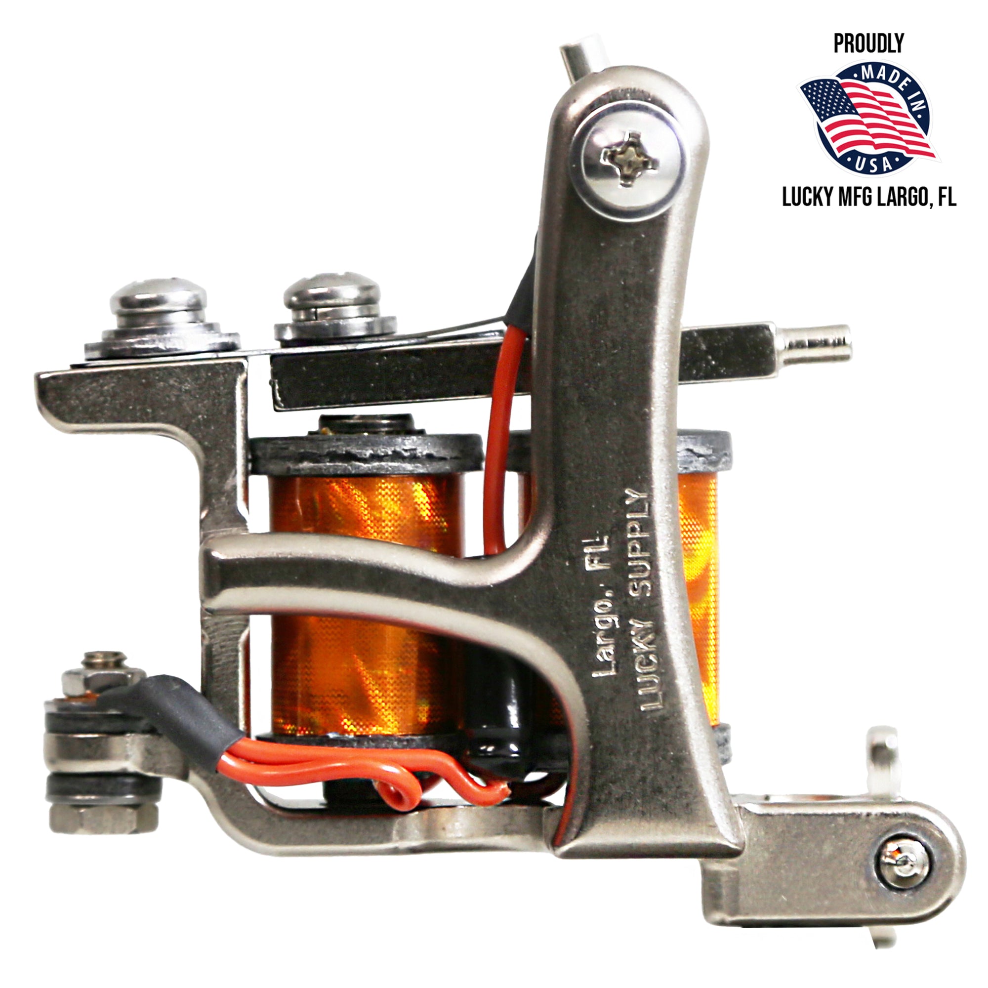 Jonesy-style one-off coil liner tattoo machine by Lucky Supply displayed with Proudly Made in USA Lucky MFG Largo, FL graphic.