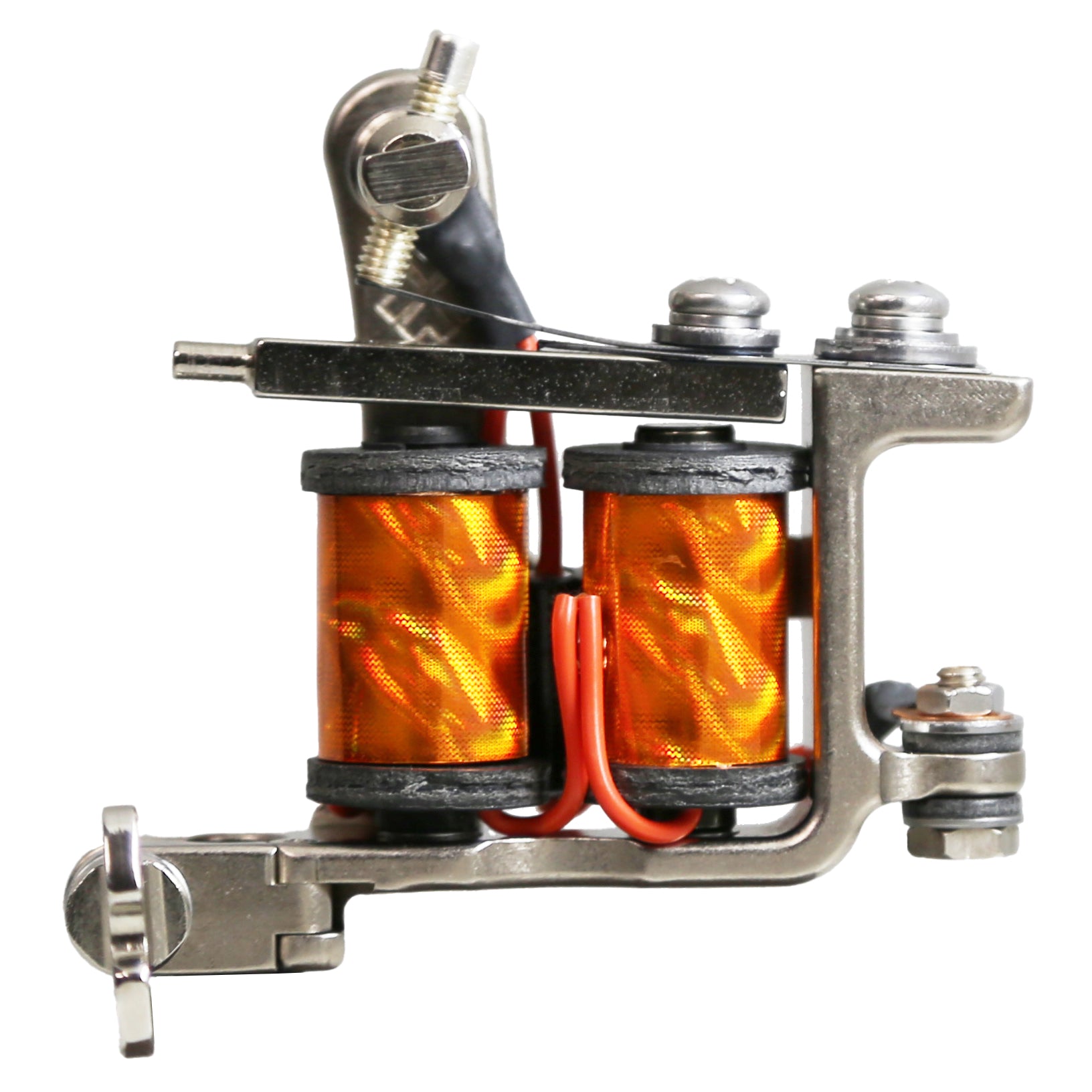 Side profile of a Jonesy-style one-off coil liner tattoo machine by Lucky Supply with orange wrapped coils, hinged tube vice, compact handmade frame, and traditional liner configuration.