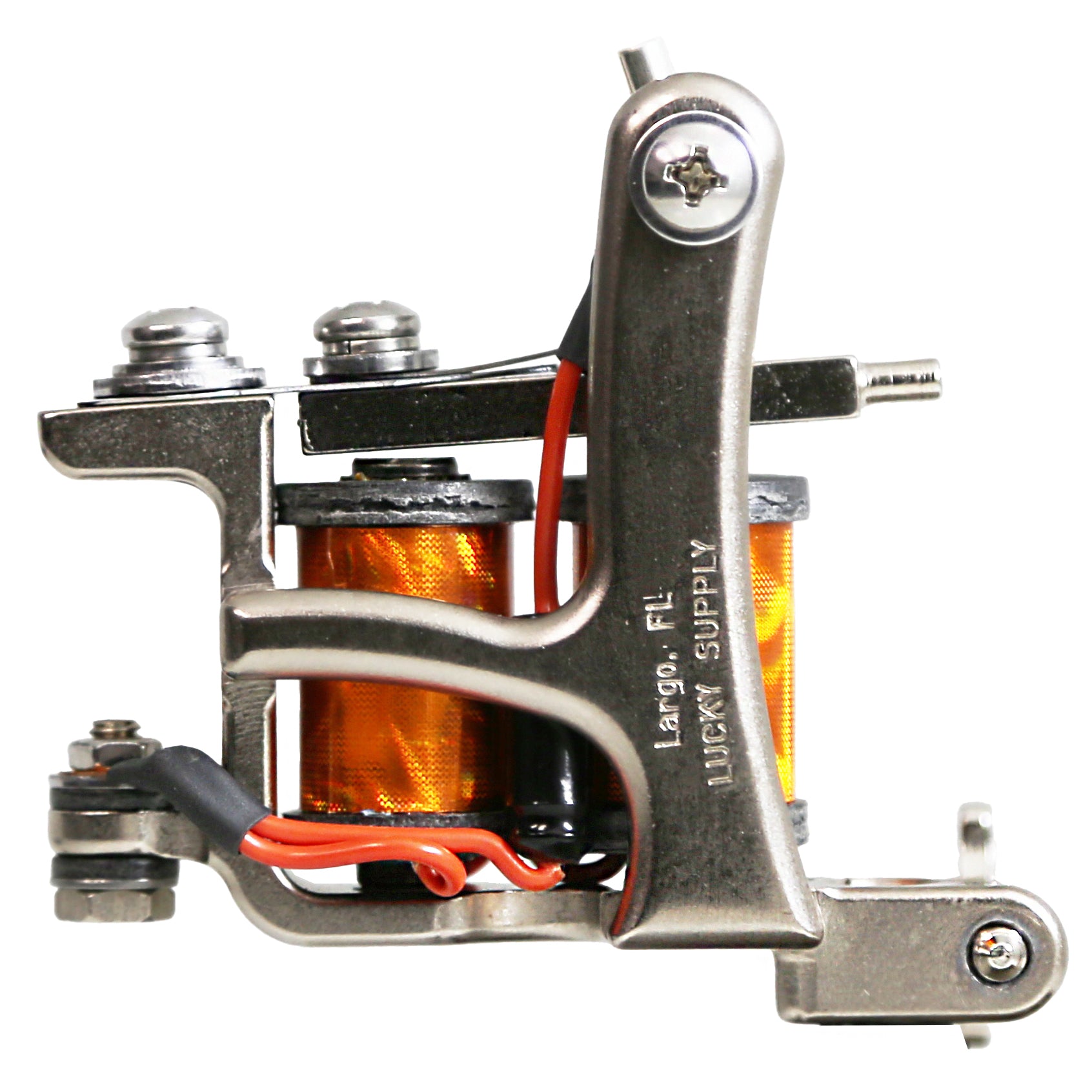 Jonesy-style one-off coil liner tattoo machine handmade by Lucky Supply featuring bright orange wrapped 1¼” coils, 5/16 coil cores, compact silver frame, and tuned liner setup.