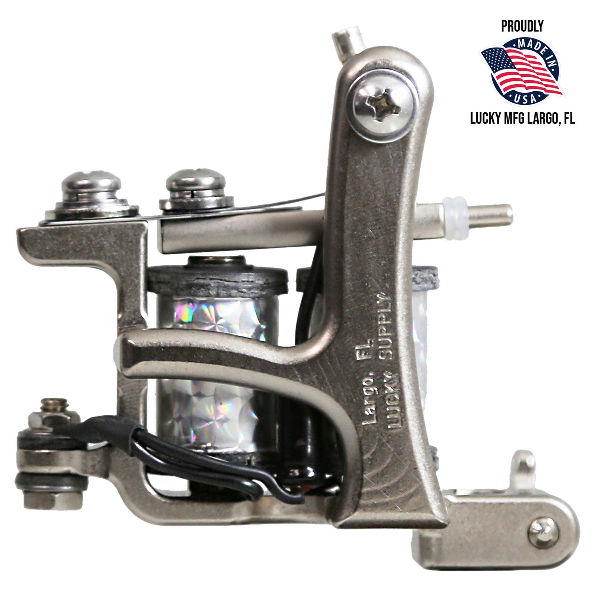 Jonesy-style one-off coil liner tattoo machine by Lucky Supply displayed with Proudly Made in USA Lucky MFG Largo, FL graphic.
