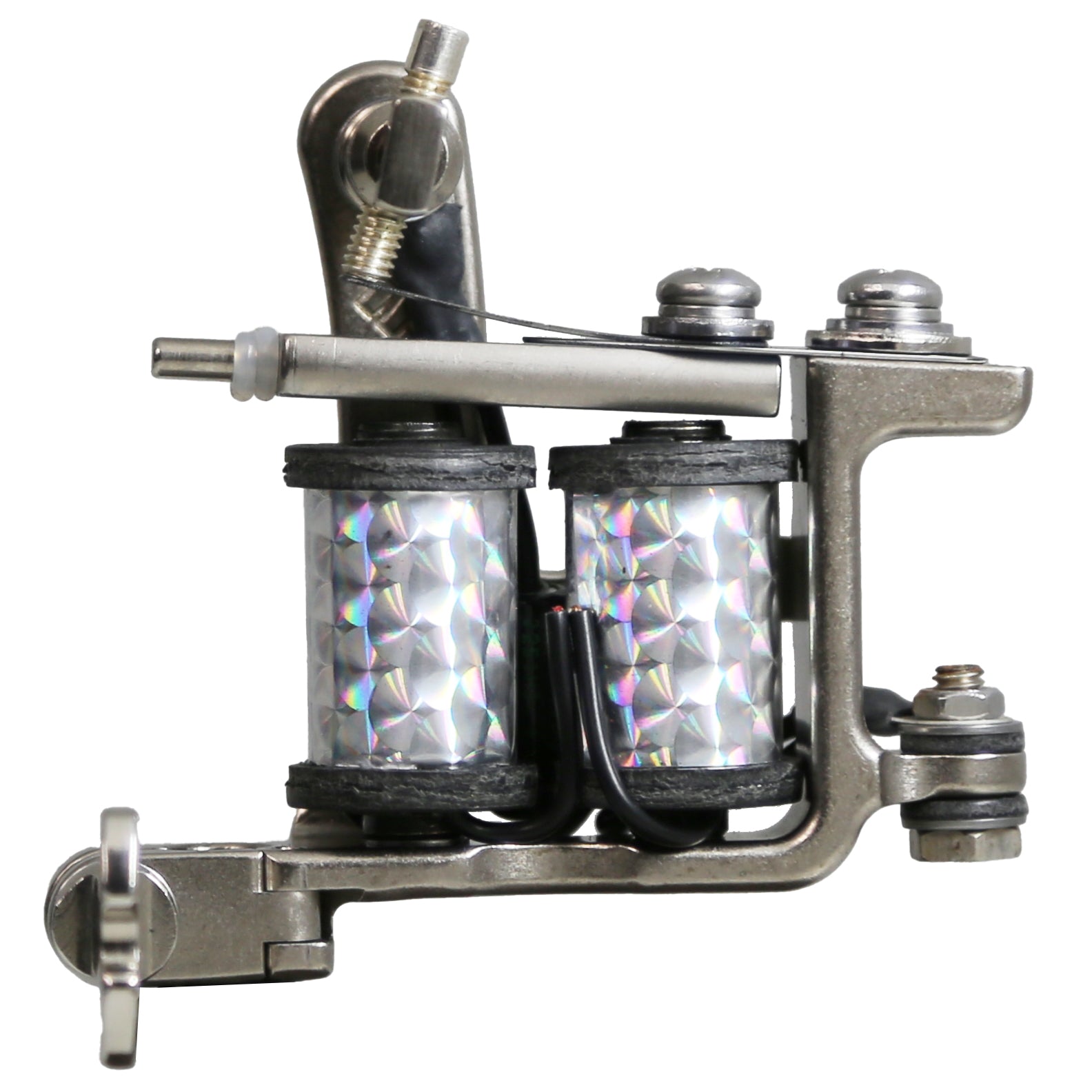 Side profile of a Jonesy-style one-off coil liner tattoo machine by Lucky Supply with reflective wrapped coils, hinged tube vice, and compact handmade frame.