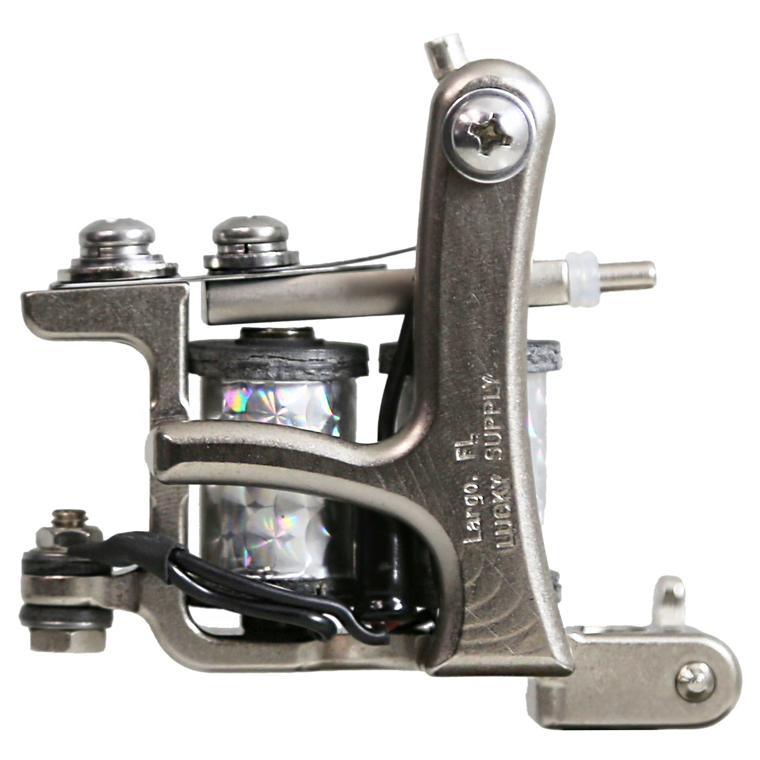 Jonesy-style one-off coil liner tattoo machine handmade by Lucky Supply featuring reflective wrapped 1¼” coils, compact silver frame, and tuned liner setup.