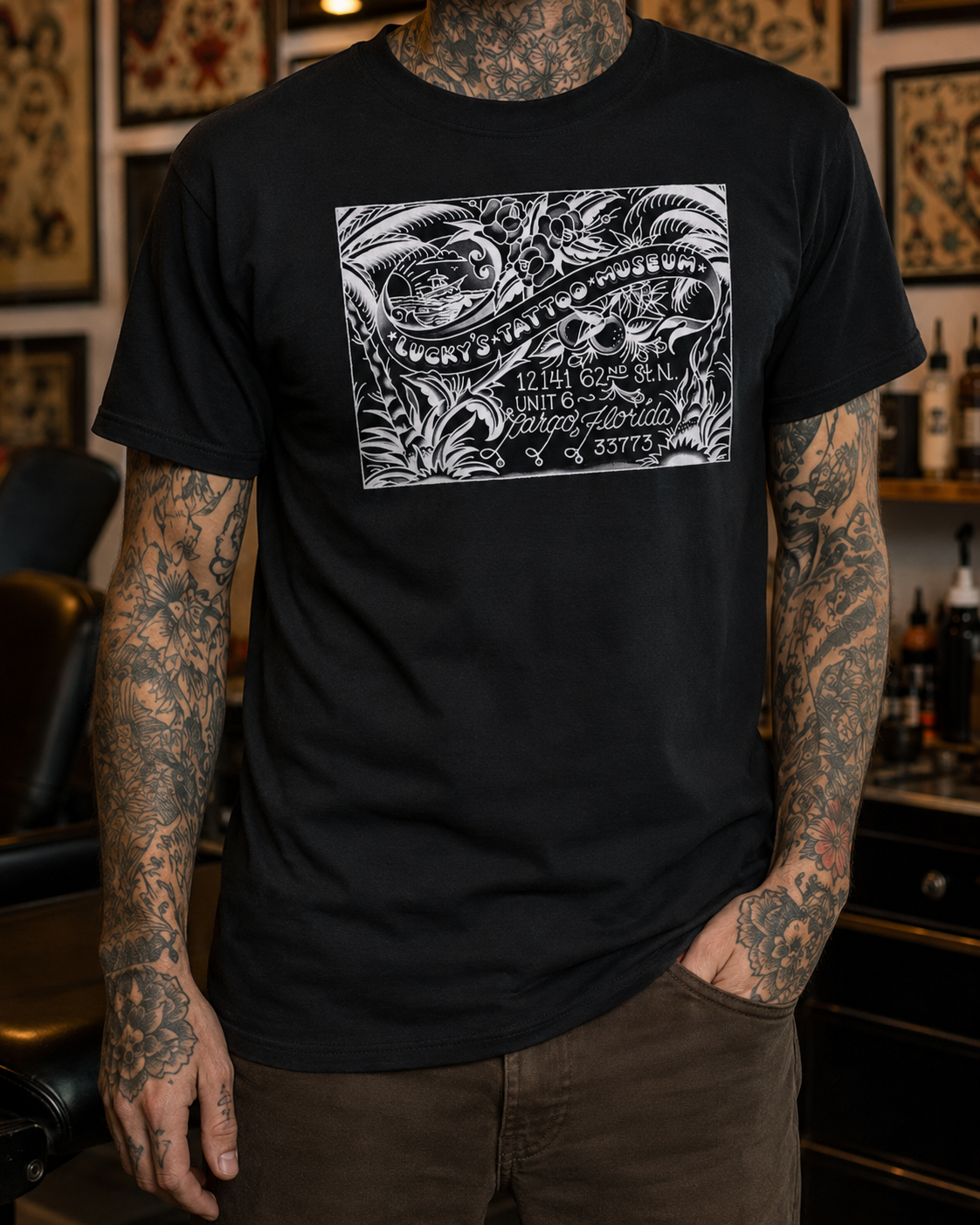 Lucky’s Tattoo Museum postcard shirt black front