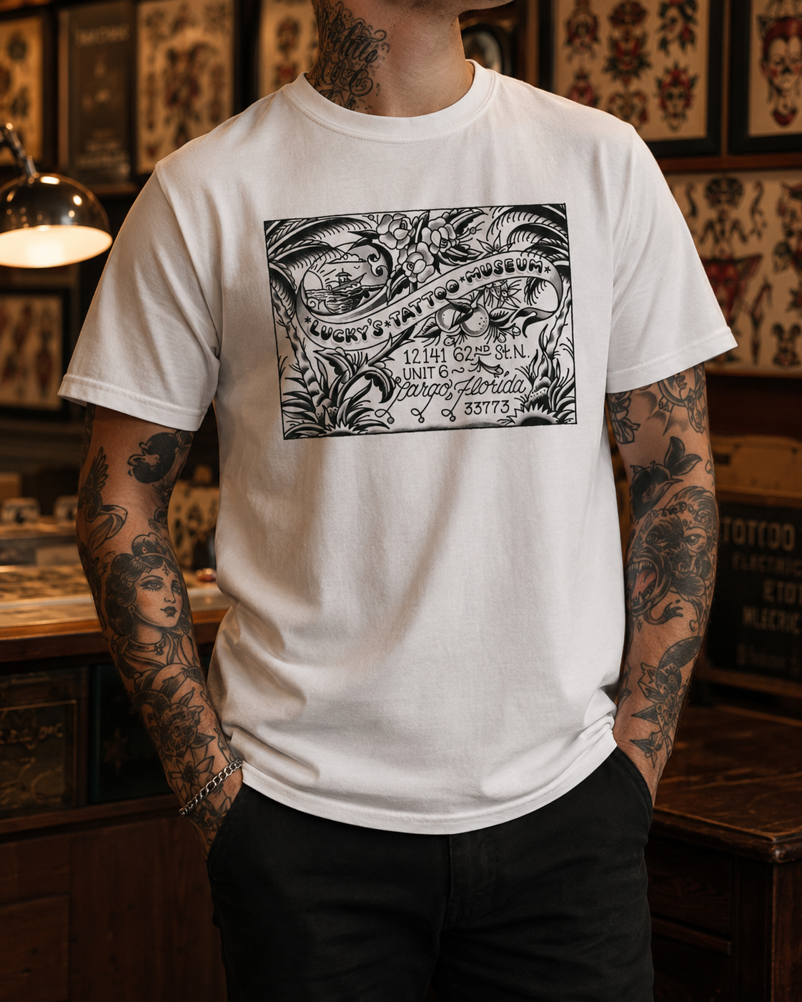Lucky’s Tattoo Museum postcard shirt white front