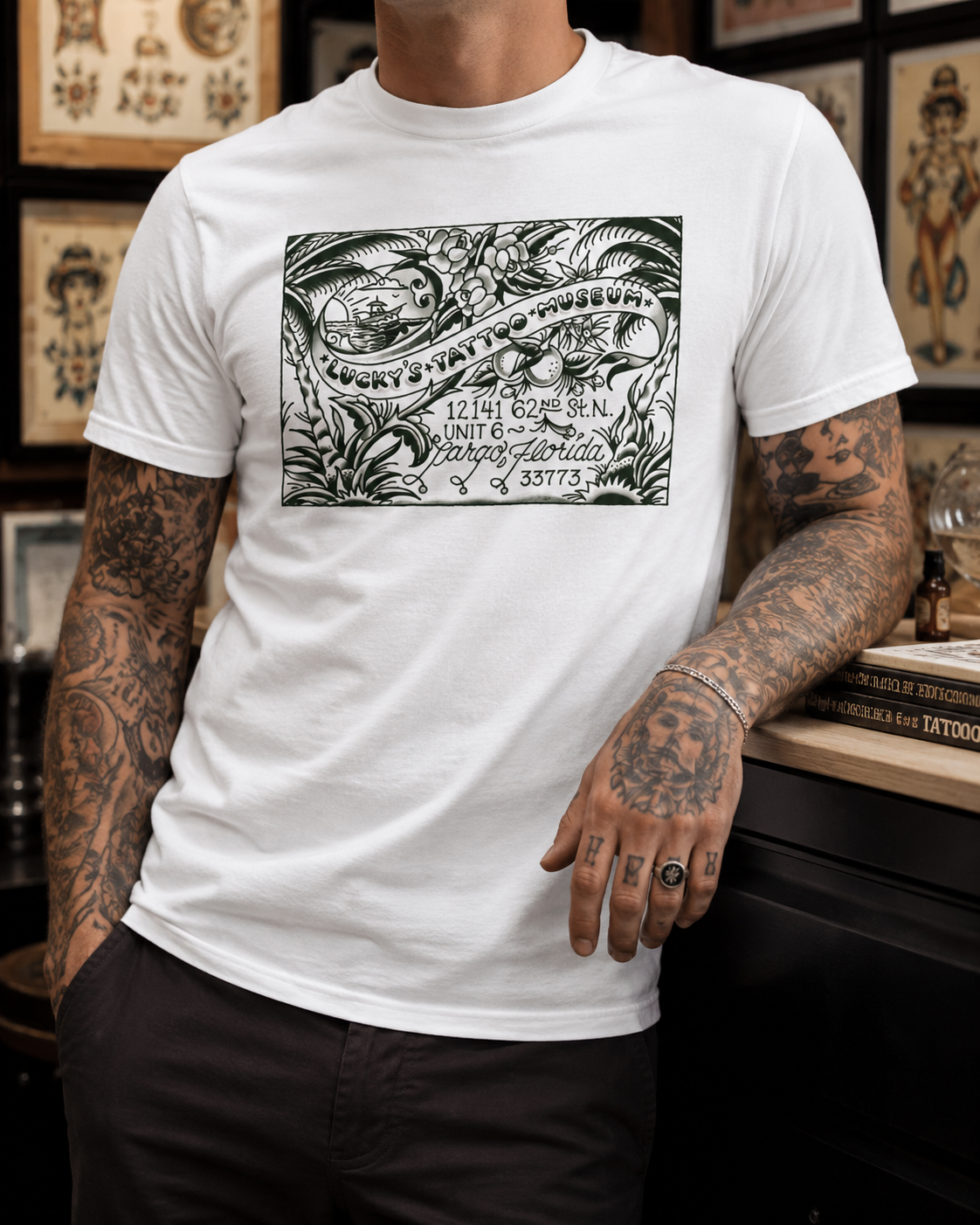 Lucky’s Tattoo Museum postcard shirt white front