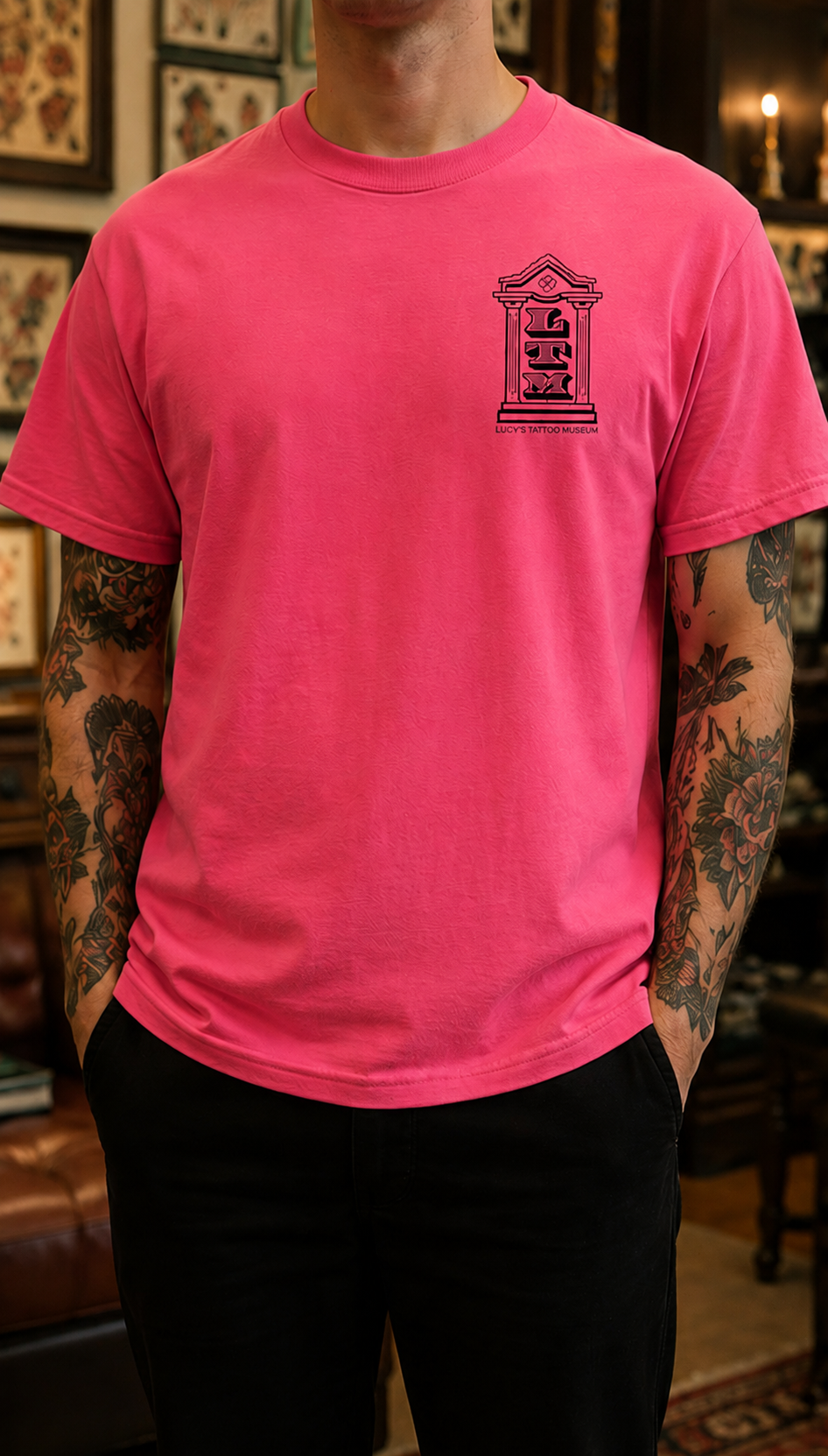 Red t-shirt with black graphic design on a white background