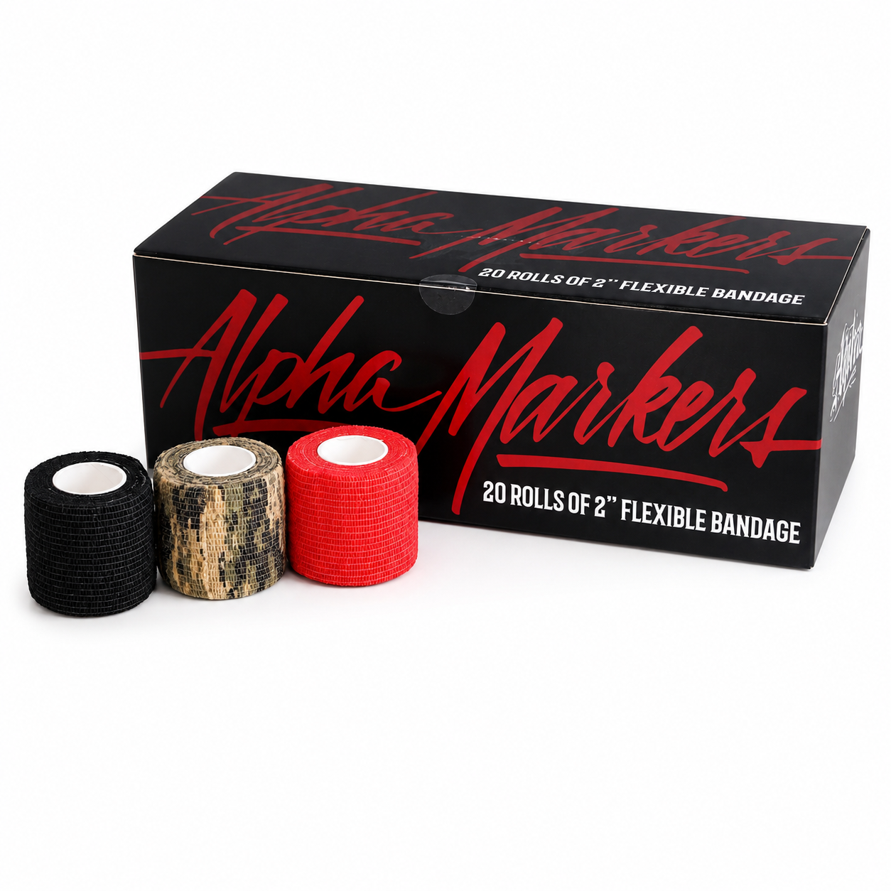 Alpha Markers brand box of 20 rolls of 2-inch flexible bandage, shown with three rolls in front: one black, one camouflage, and one red, on a white background.