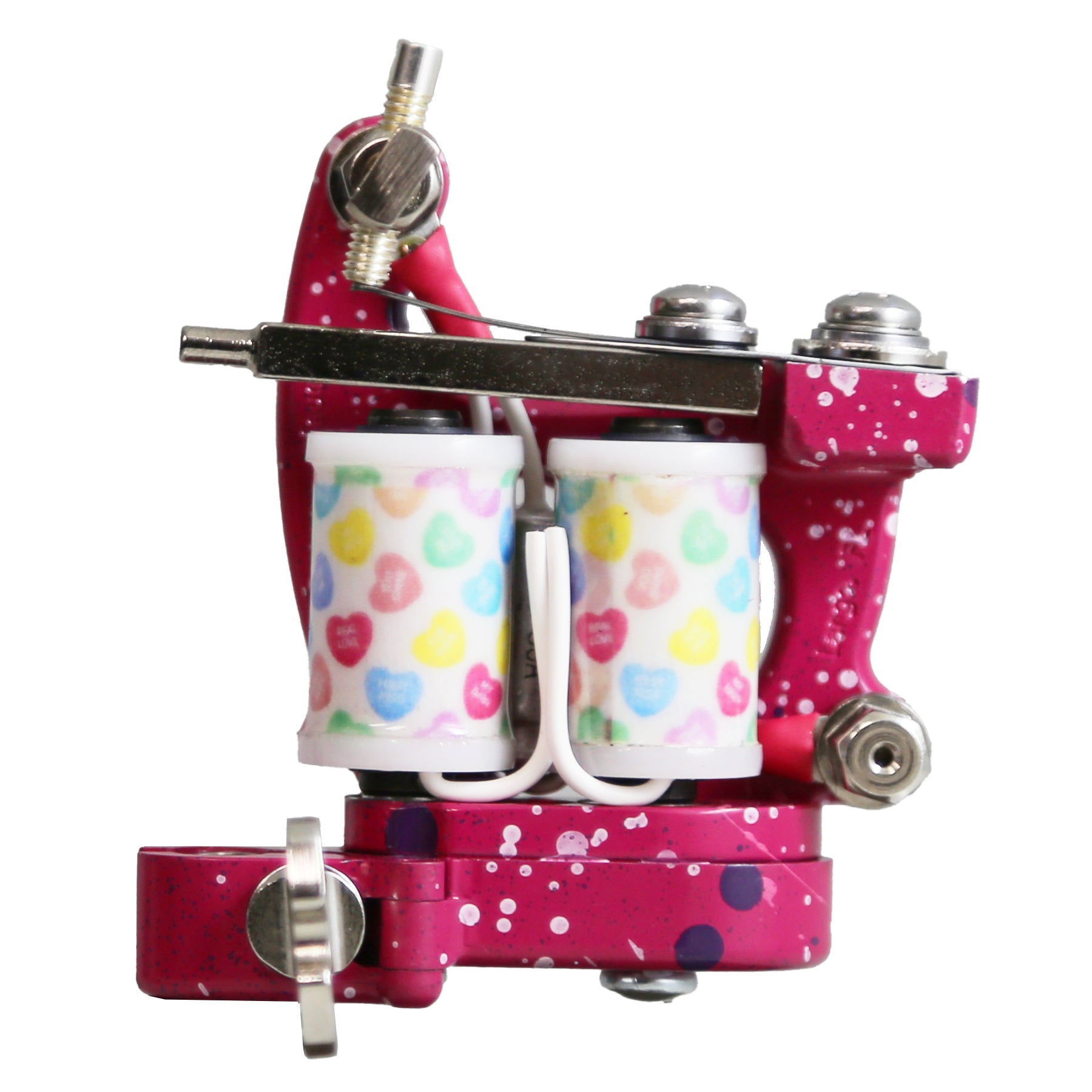 Tattoo machine with colorful heart pattern on a pink background