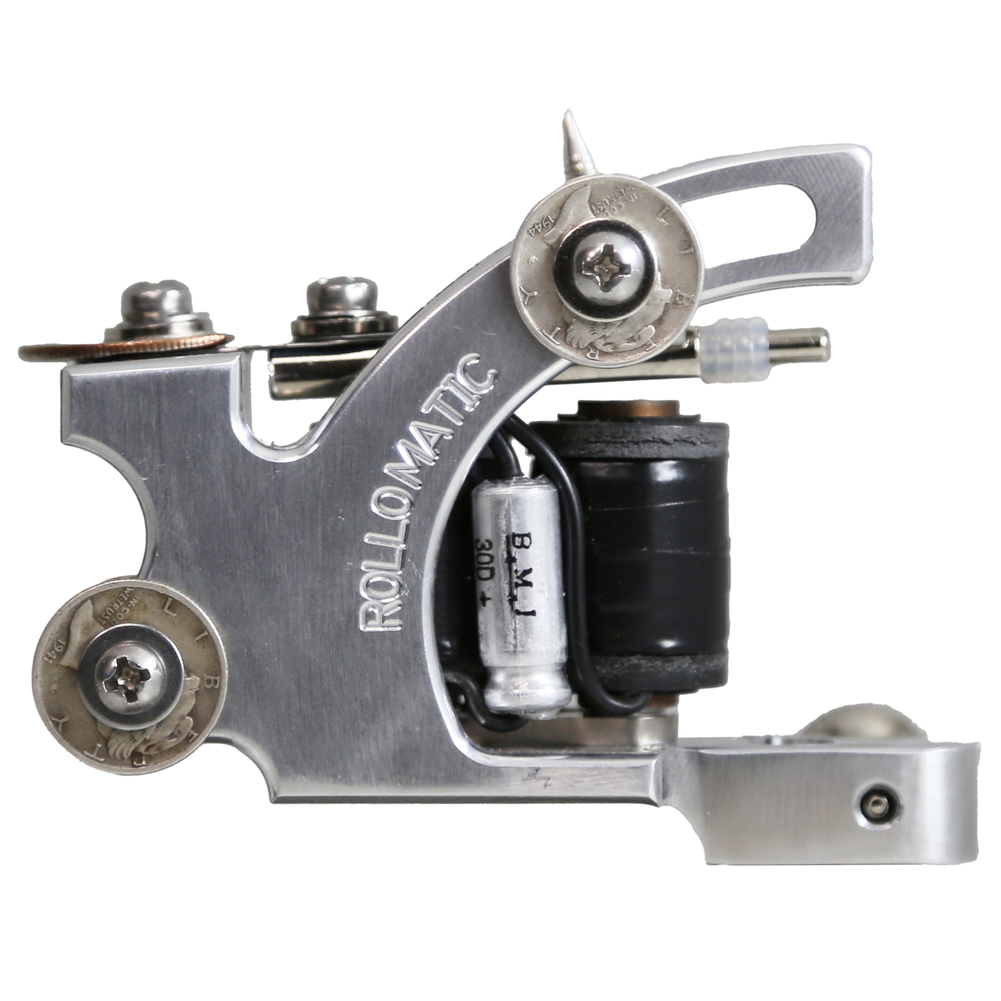 Hand-built aluminum tattoo machine with silver contact screw