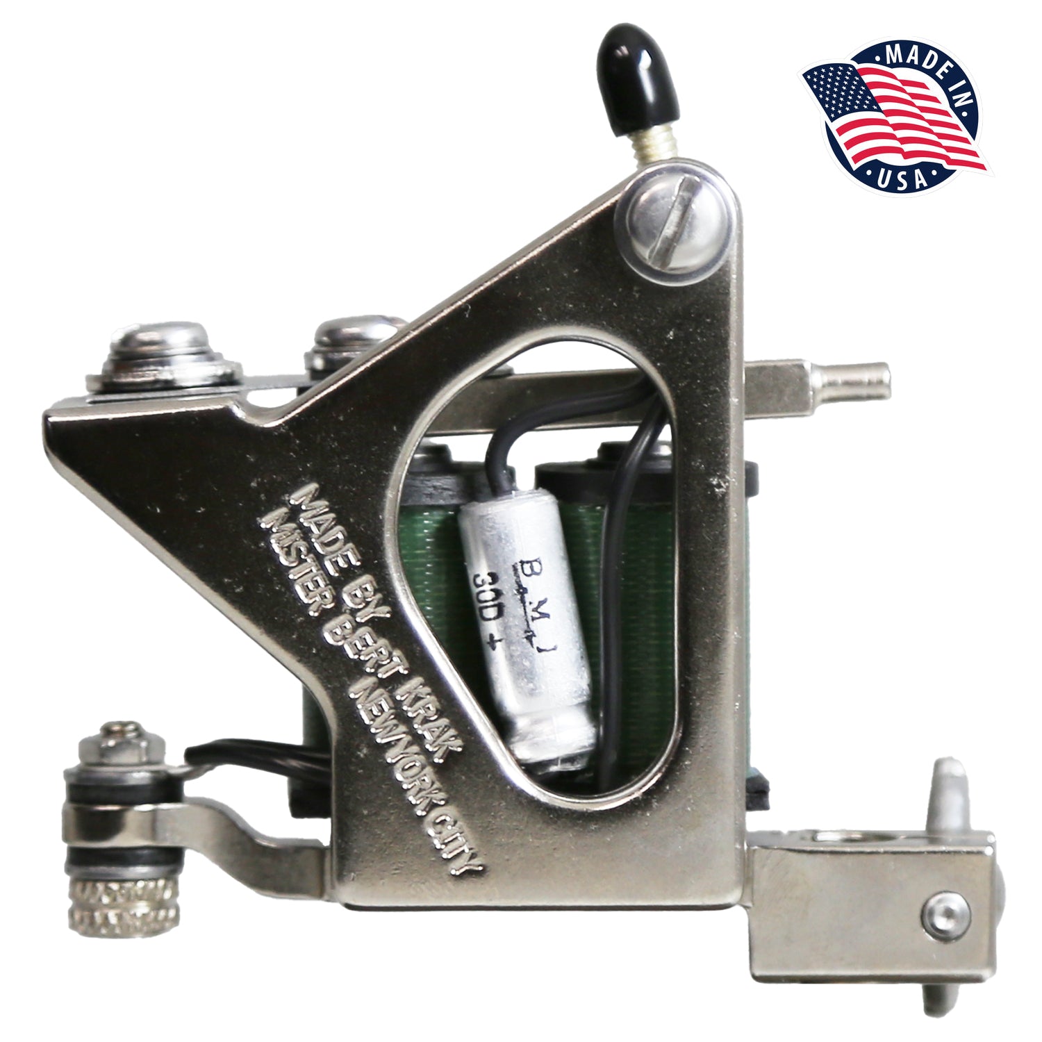 Metal tattoo machine with 'Made in USA' label on a white background