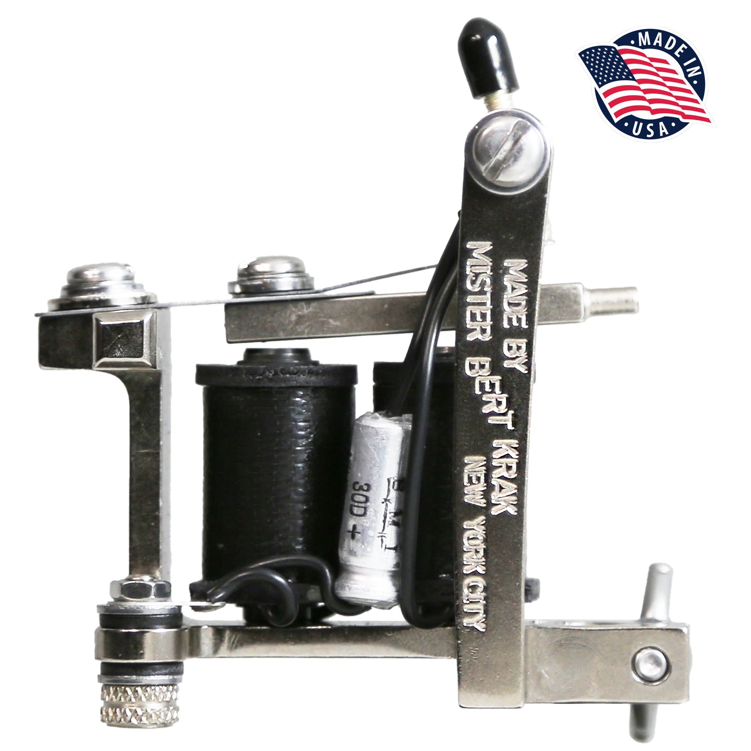Tattoo machine with 'Made by Mister Bert Krak New York City' branding on a white background