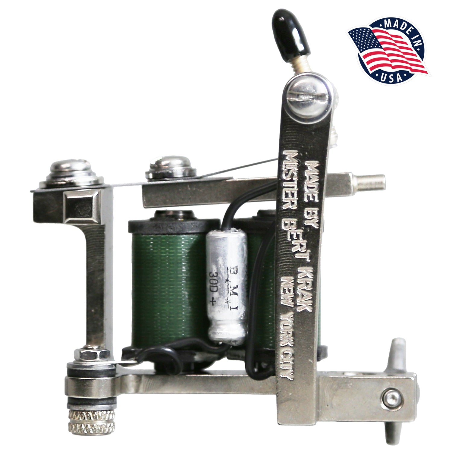 Metallic tattoo machine with green thread, 'Master Brand' branding, and 'Made in USA' label on a white background.