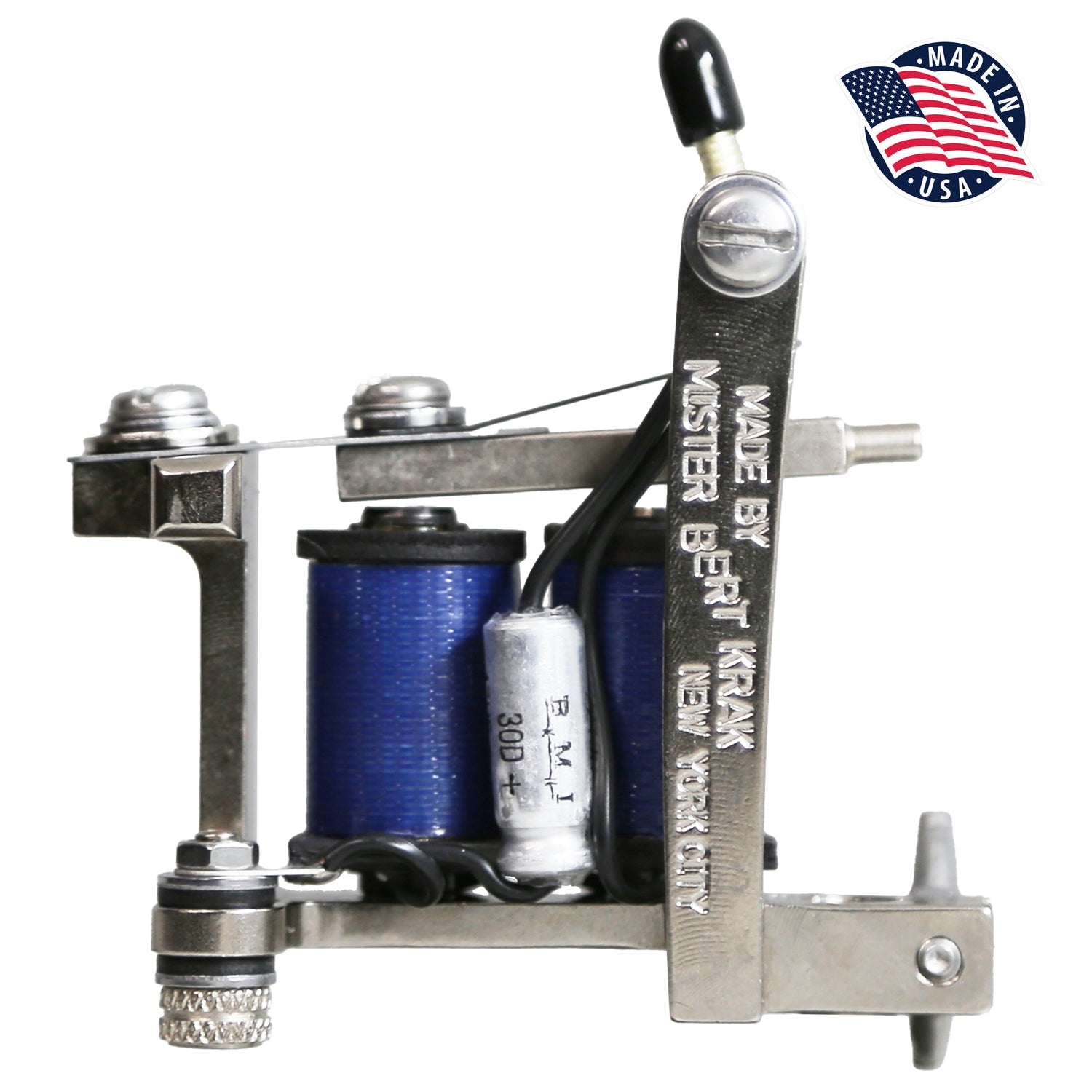 Metal tattoo machine with blue thread spools on a white background, featuring 'Master Craft' branding.