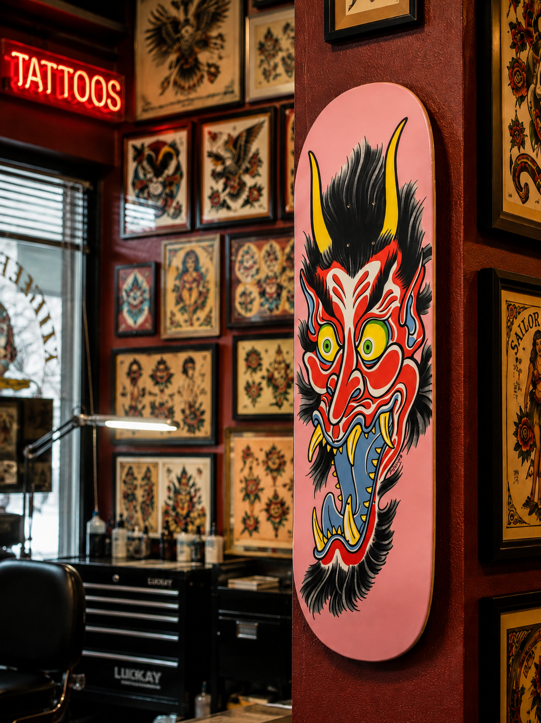 Brad Fink Skateboard Deck on Wall of Tattoo Shop
