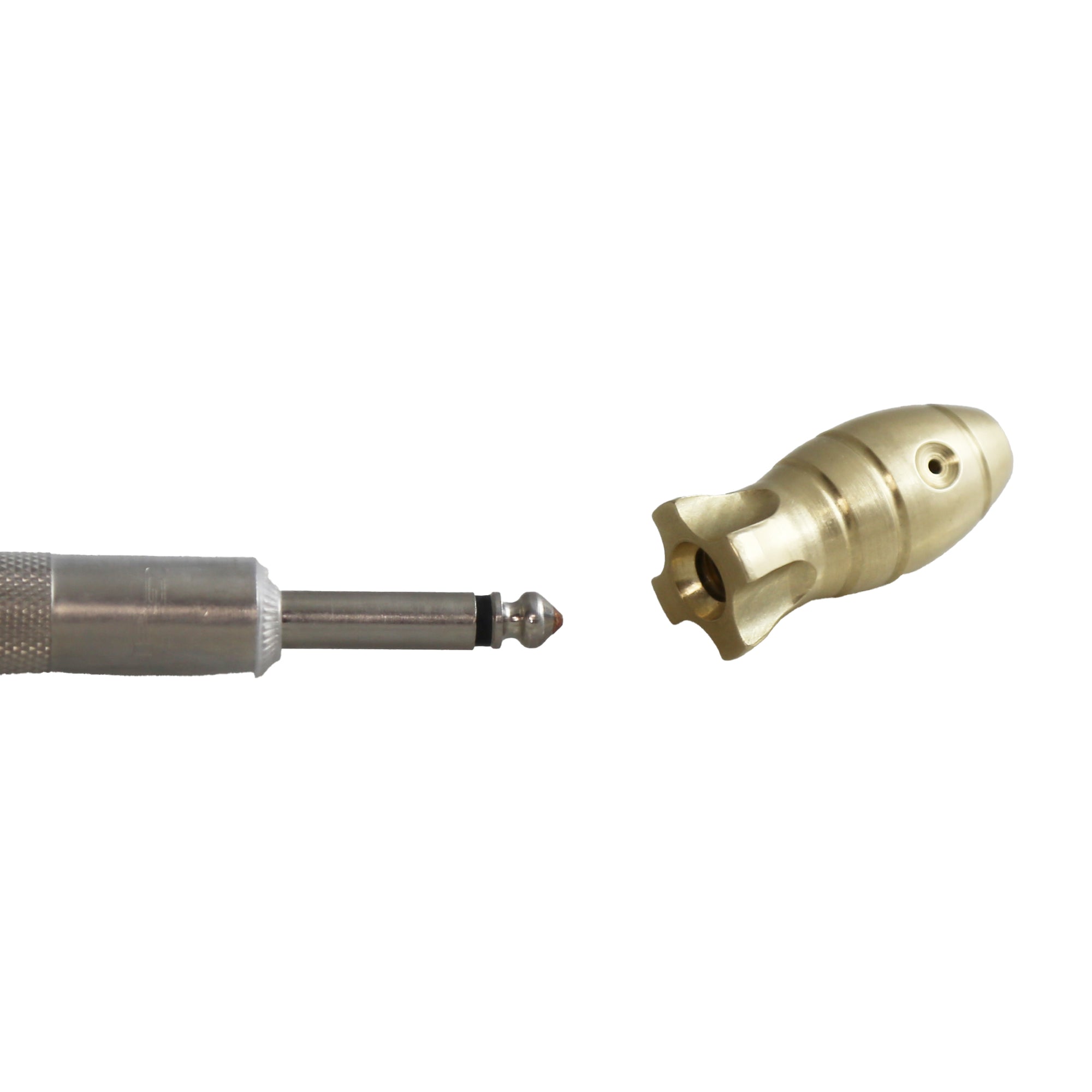 Brass clip cord loader showing 1/4 inch phono connection opening for tattoo machines
